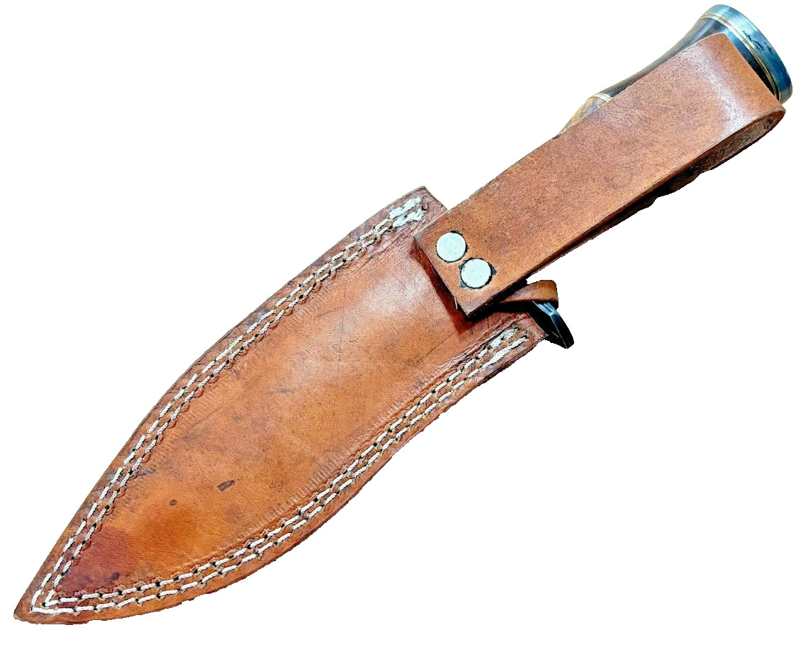 Damascus Blade 11" Bowie Knife with Leather Sheath Wood Handle Knives