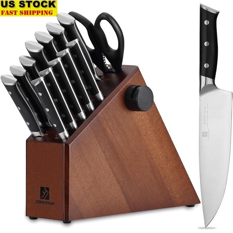 15 Pcs Kitchen Knife Set Stainless Steel Sharp Blades W/ Block Sharpener Silver