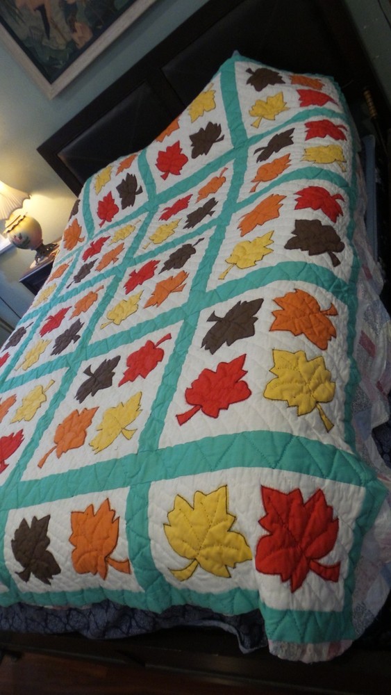 Fall Autumn QUILT Handmade Patchwork LEAFS 74 x 86" CLEAN BEAUTIFUL