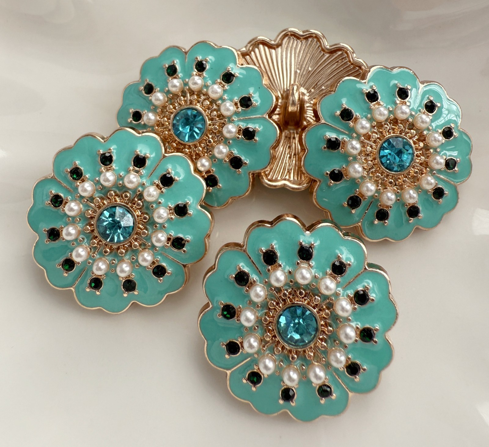 5PC Enamel Teal Green Flower Luxury Gold Metal Shank Buttons 25mm 1 Inch