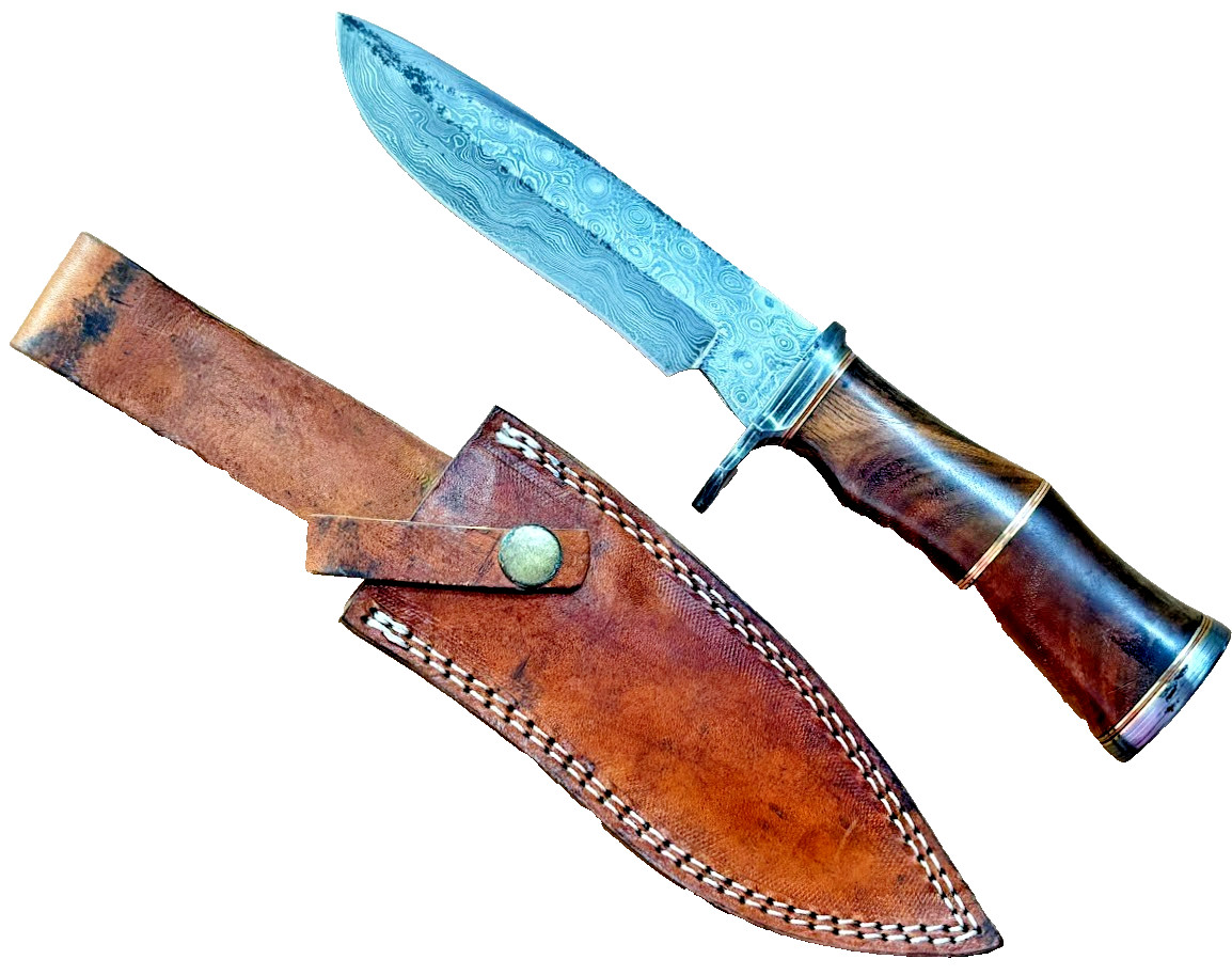 Damascus Blade 11" Bowie Knife with Leather Sheath Wood Handle Knives