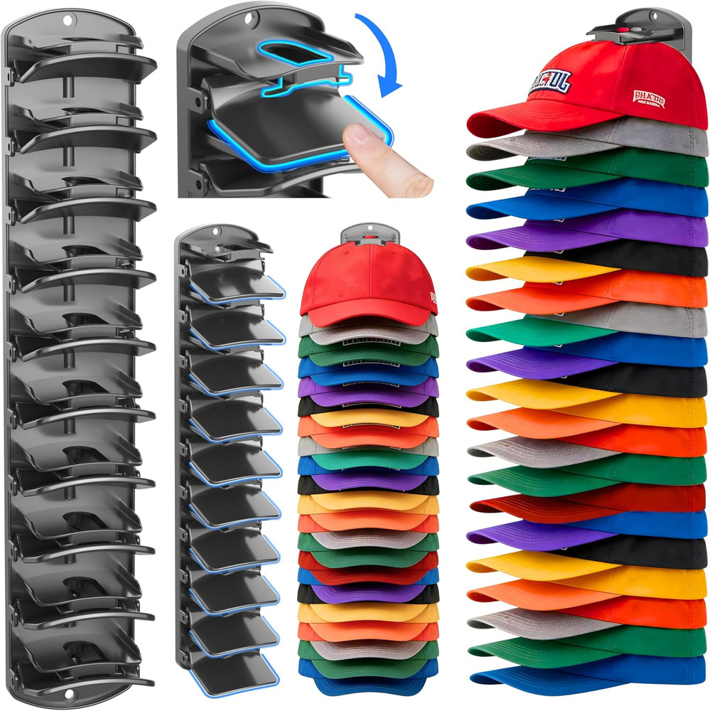 Double Capacity Baseball Cap Organizer - 40 Cap Wall Mount Rack, 2 Packs