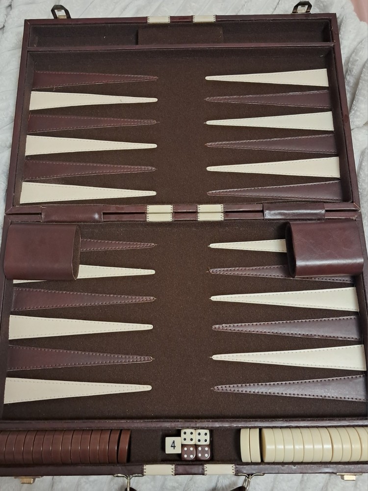 Bakelite Backgammom Gaming Set Complete Leather Bound Stitched