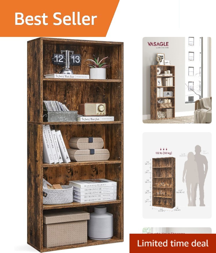 CUSTOS 5-Tier Rustic Brown Bookshelf - Adjustable Open Storage Shelf