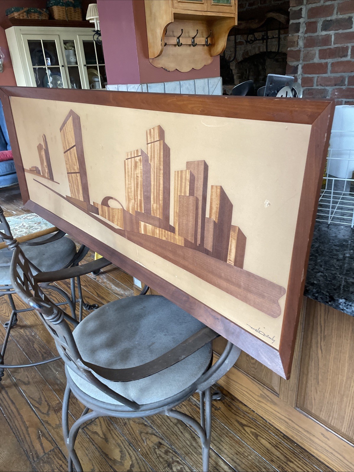 Vtg Mid Century Mel Quincy 62” Wood  Original Veneer Signed Art Work  Very Good