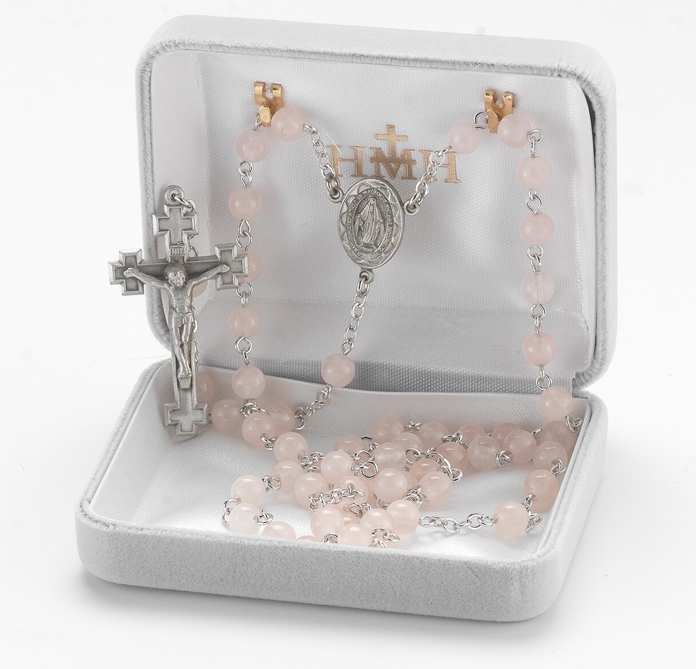 6mm Rose Quartz Gemstone Bead Rosary w/ 6mm O.F.  Beads, 24", US Made
