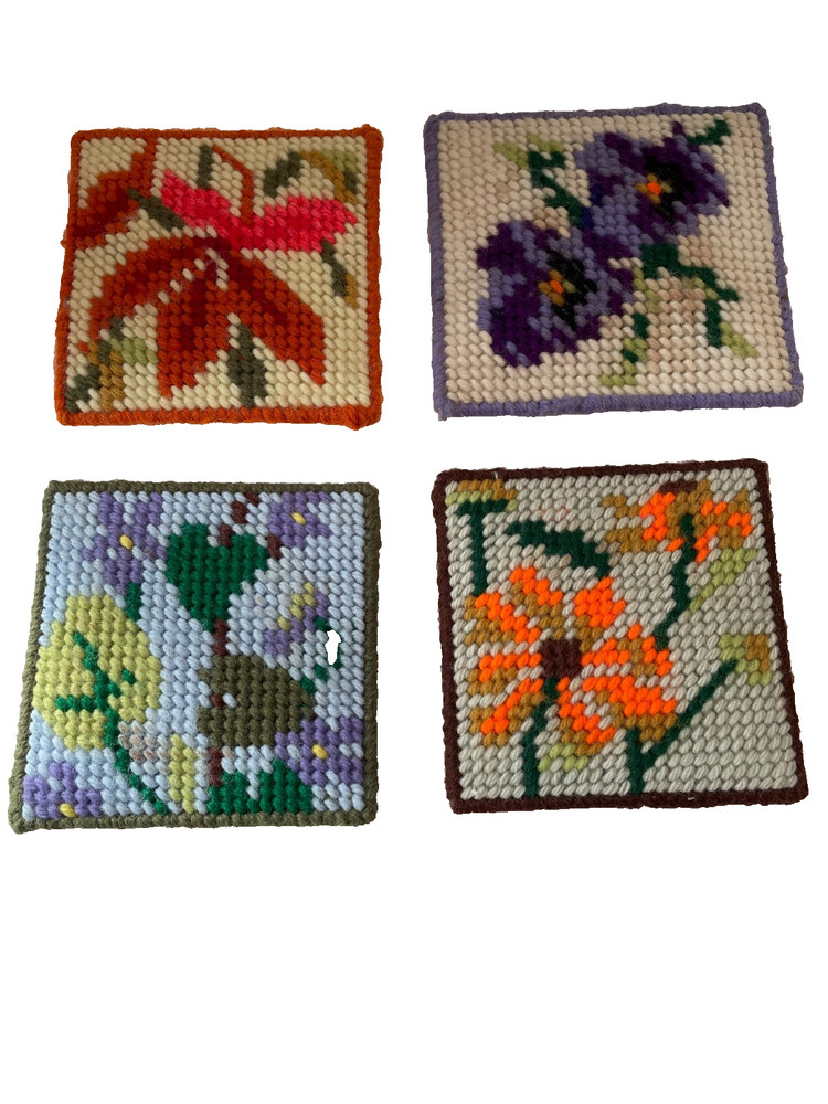Vintage Needlepoint Coasters, 4 Different Flowers, Hand-Crafted