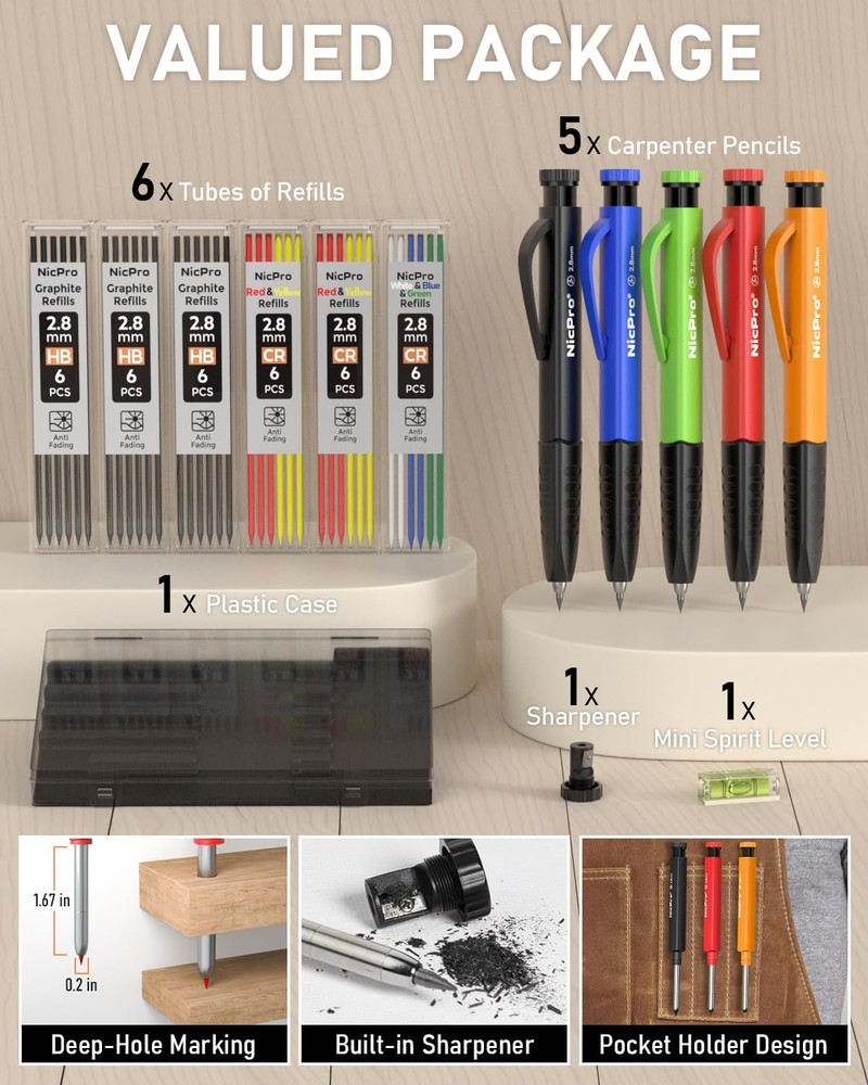 Nicpro 5 Pack Mechanical Carpenter Pencil Set with Sharpener 5 PACK, 5 colors