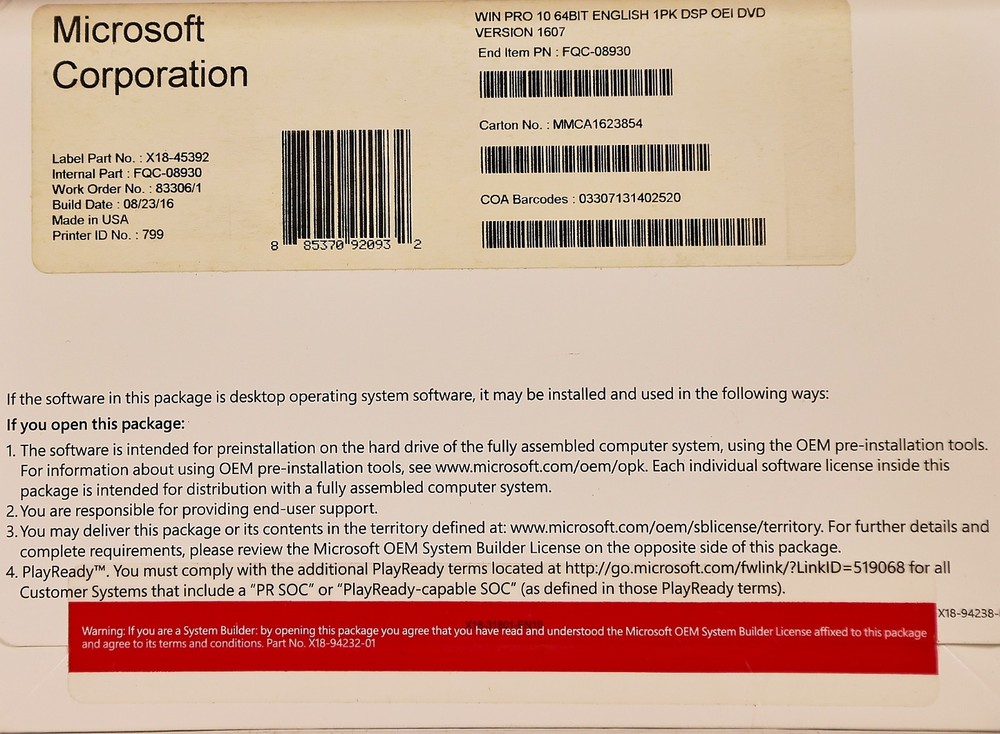 MICROSOFT WINDOWS PRO 10 32/64 BIT -- 2 UNOPENED/UNUSED COPIES
