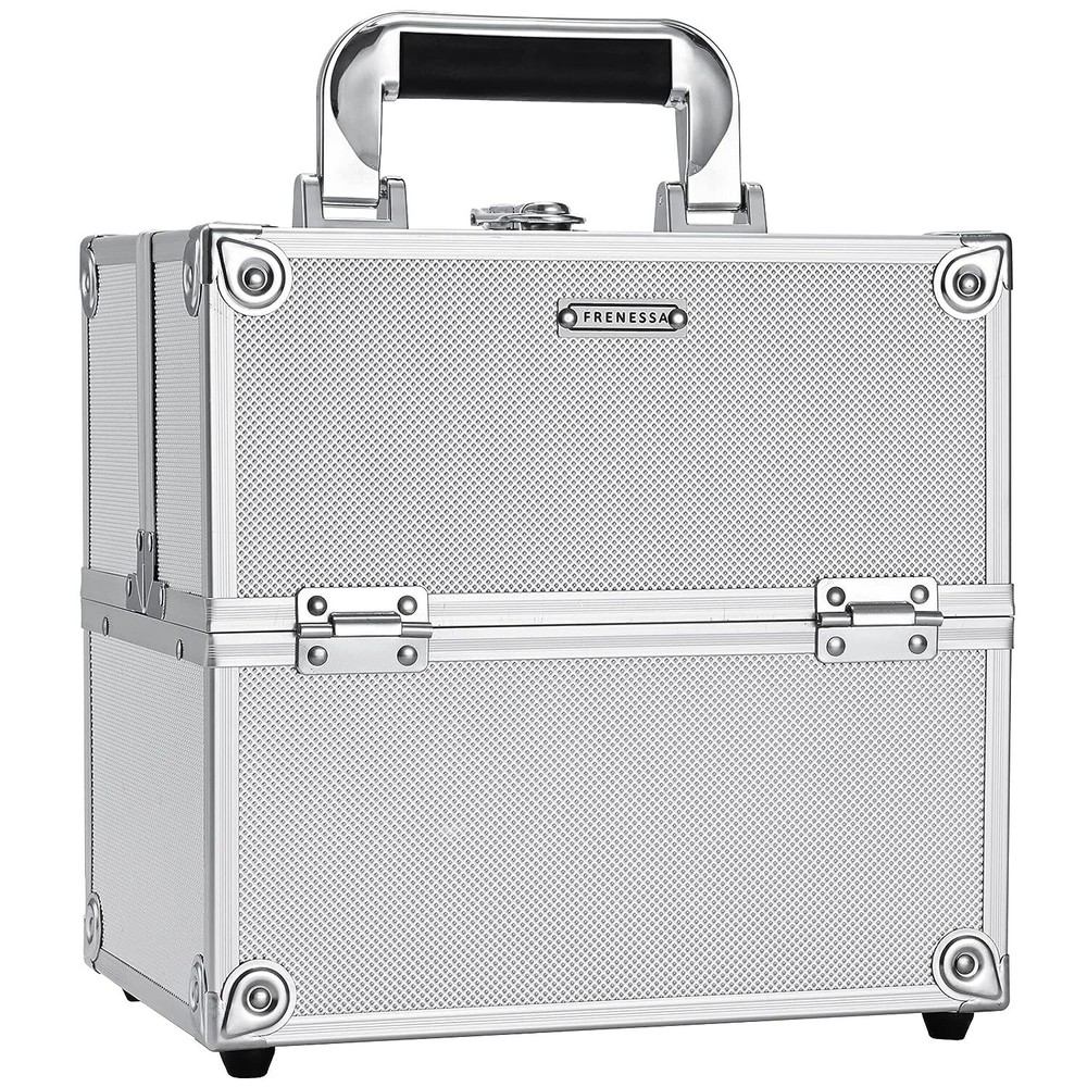 Portable Makeup Train Case with Lockable Storage - 4-Tier Trays - Bright Silver