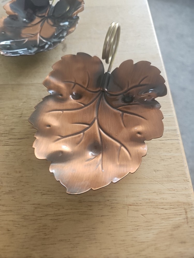 Vintage Coppercraft Copper Leaf Candy Dish Brass Finger Ring Handle ,Pair.