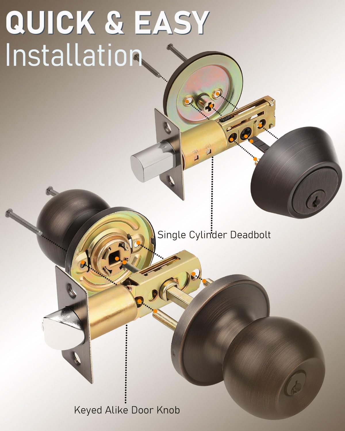 3 Pack Entry Knob & Deadbolt Set, Oil Rubbed Bronze, Keyed Alike, Exterior