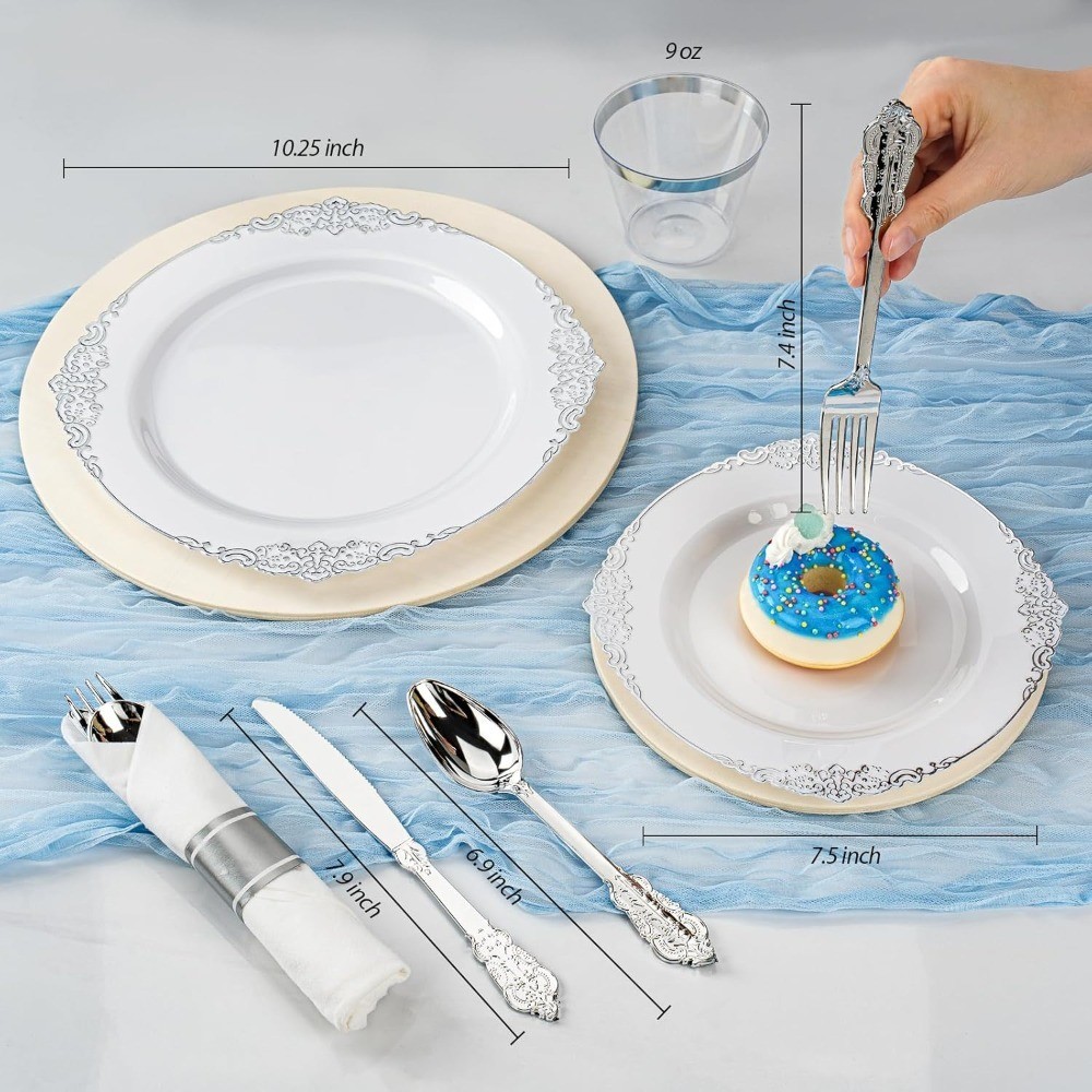 Disposable Silver Plastic Dinner Plates for 50 Guests Set Includes 100 Silver