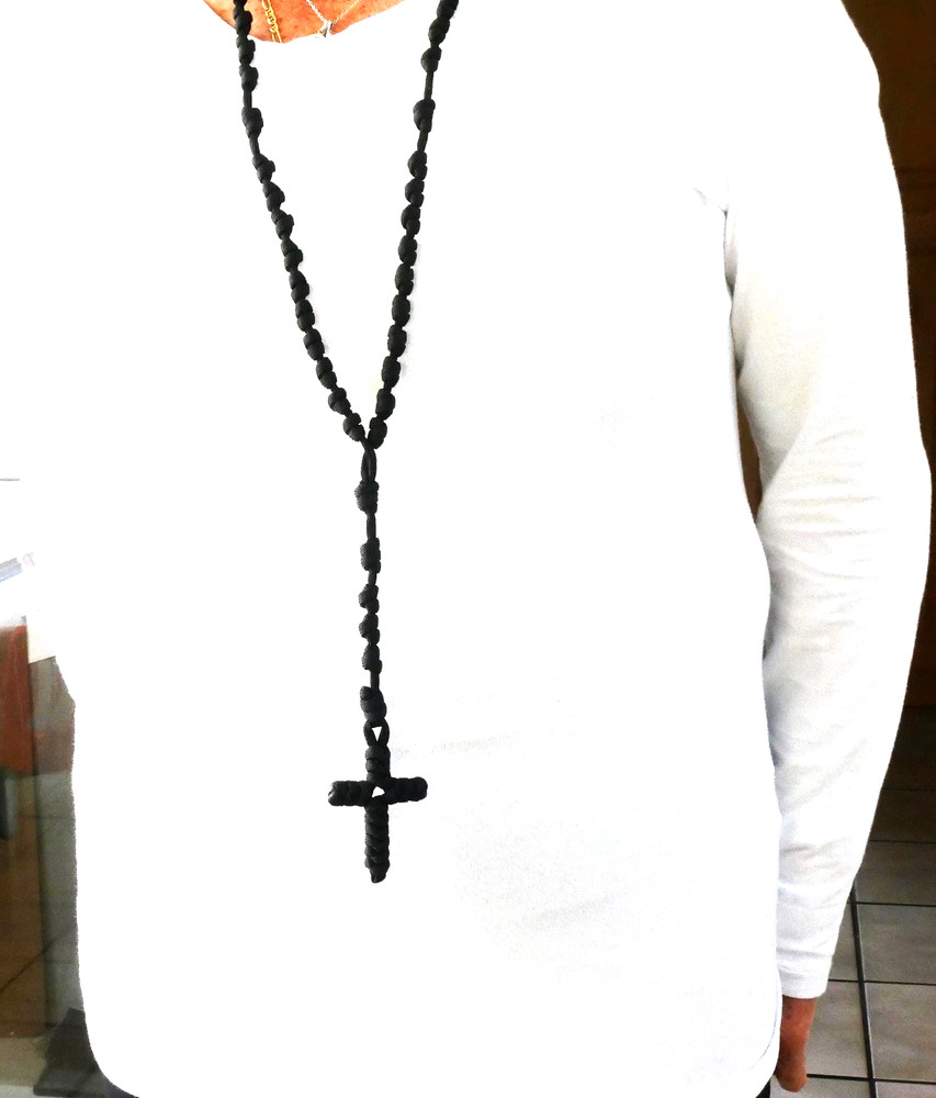 Big Black Corded Rosary 22" Long with 2-1/2" Big Cord Cross