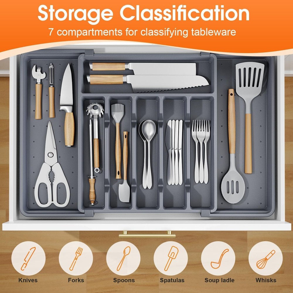 SpaceHacks Silverware Organizer，Adjustable & Expandable Utensil Large, Grey