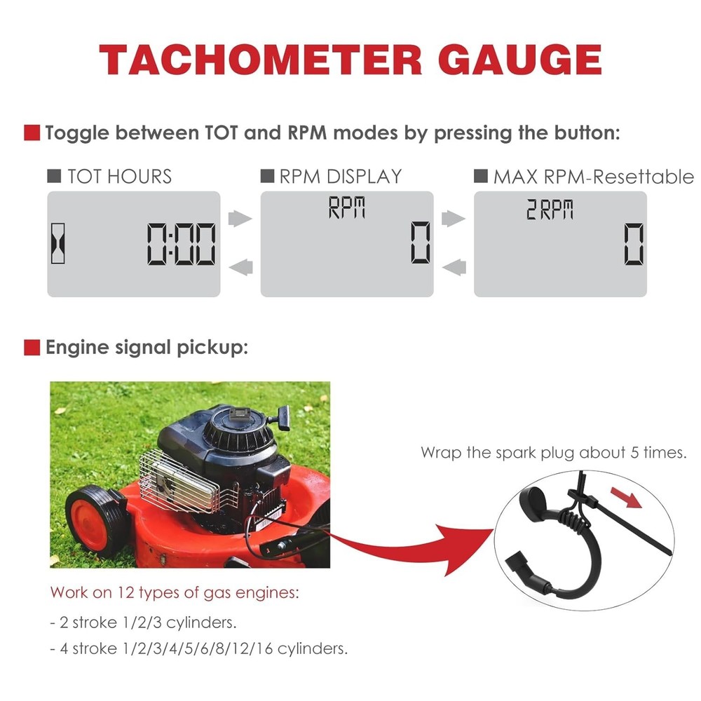 Tach Hour Meter Digital LCD Inductive Tachometer Timing Self-Powered IP68 Retail