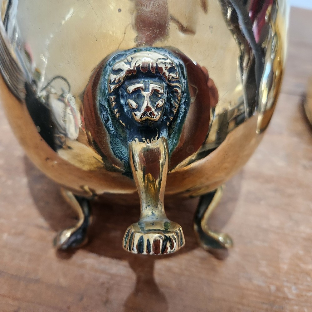 Antique Solid Brass Three Small/Medium Cache Pots on Styalised Liohead/Paw Feet