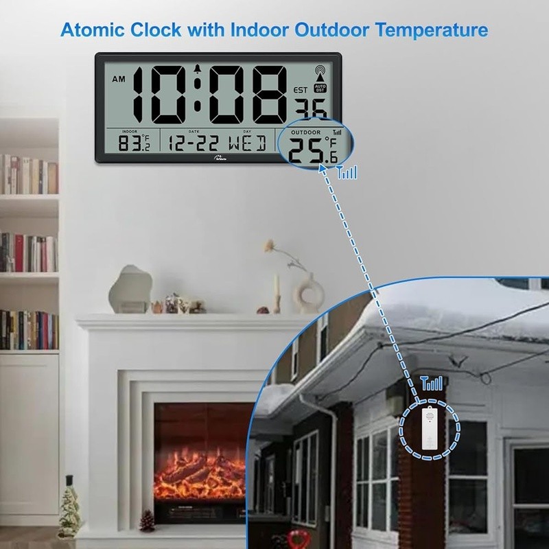 Large Atomic Clock Indoor Outdoor Temperature Digital Display Battery Powered US