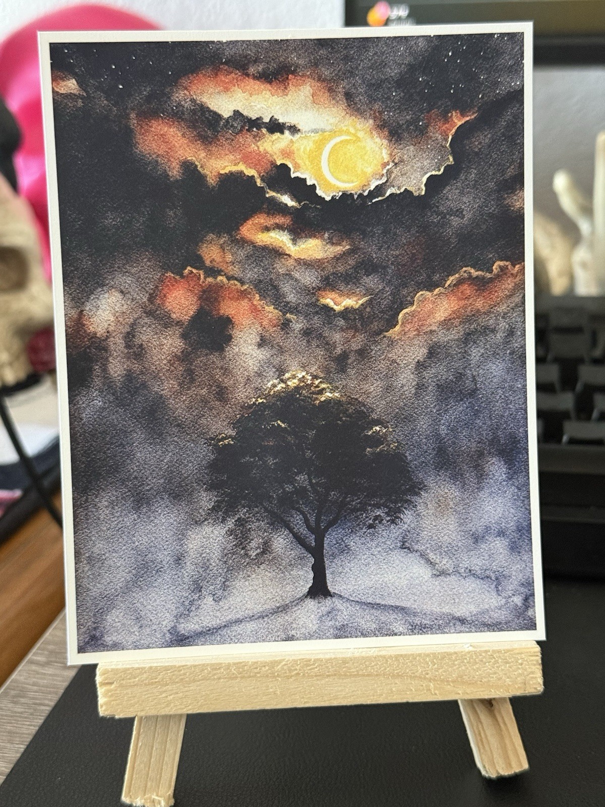 PRINT ACEO Original Art Mini Card Tree and Moon Watercolor