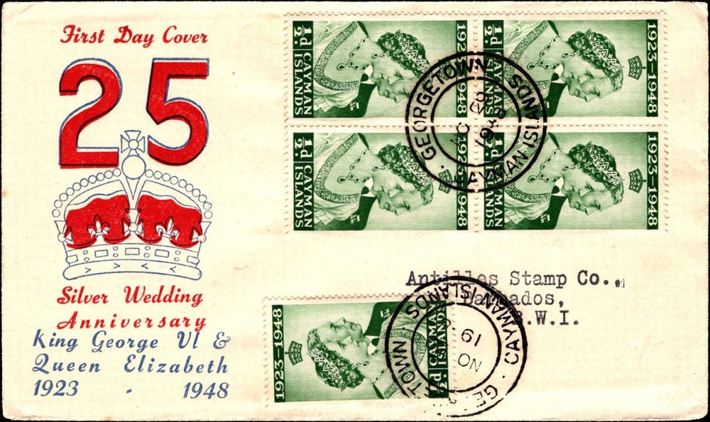 Cayman Islands 1948 Silver Wedding FDC Block
