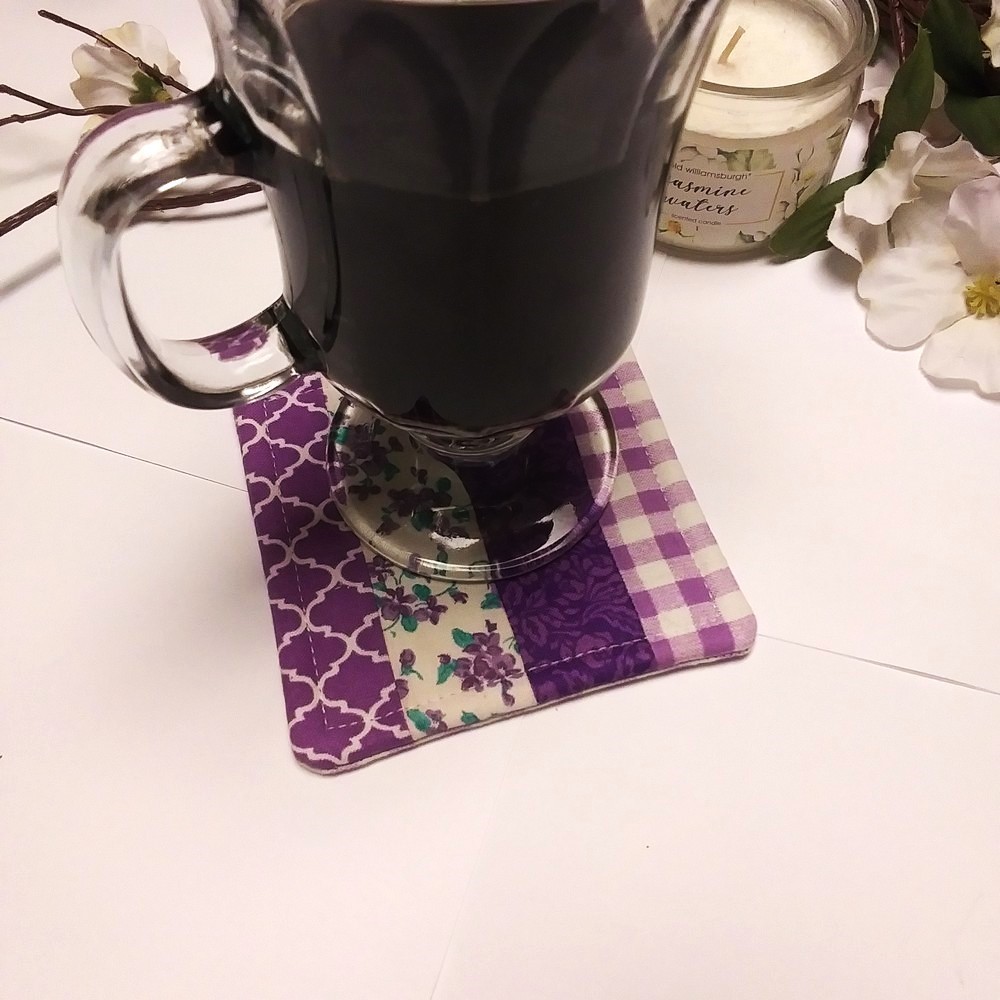 PURPLE PASSION 5pc Handmade Reversible Patchwork Coasters w/Holder & Button