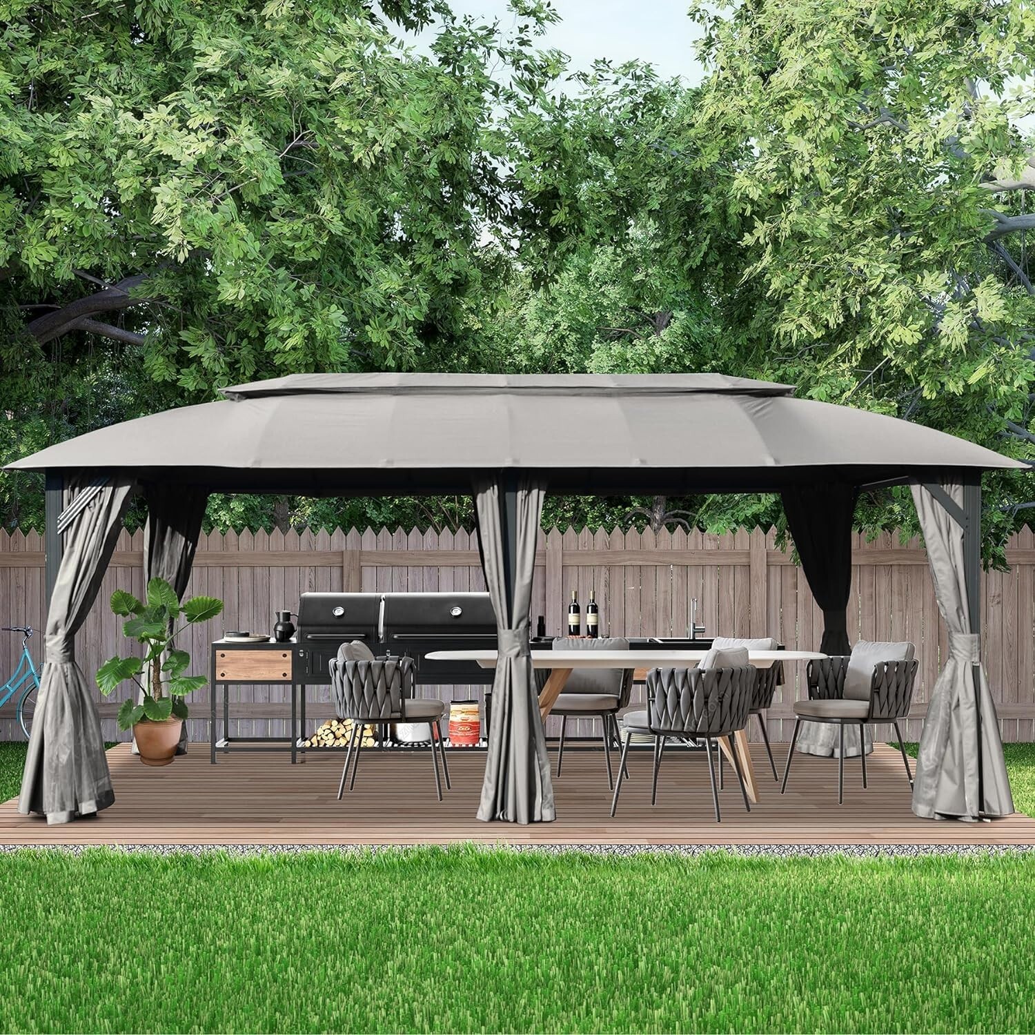 Domi Outdoor Double Roof Gazebo 10x20FT, w/Curtain&Nets, Heavy Duty Metal Frame