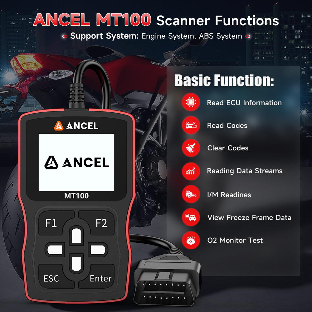 ANCEL MT100 Motorcycle Scanner OBD2 Code Reader Engine ABS Diagnostic Tool