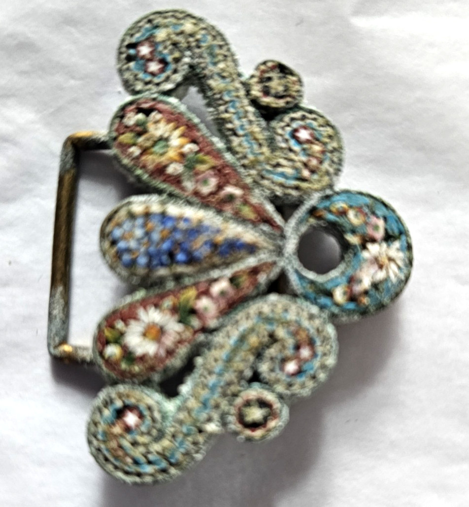 Antique Italian MICRO MOSAIC Brass 2-Piece BELT -Sash BUCKLE-Brought from Italy