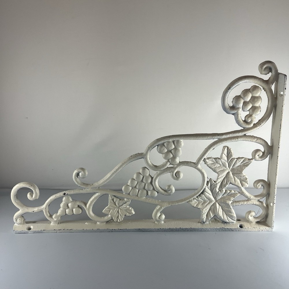 Vintage White Cast Iron Grape Leaf Scroll 13in Basket Hook Angle Corner Bracket