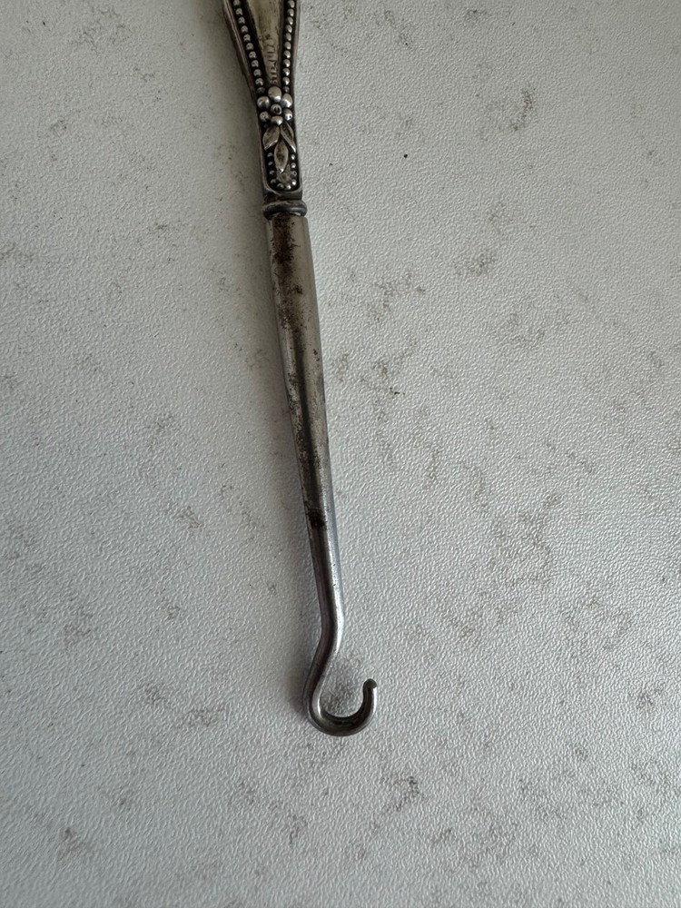 Antique Sterling Silver Handle Button Hook w/ Beaded & Fleur de Lis Design