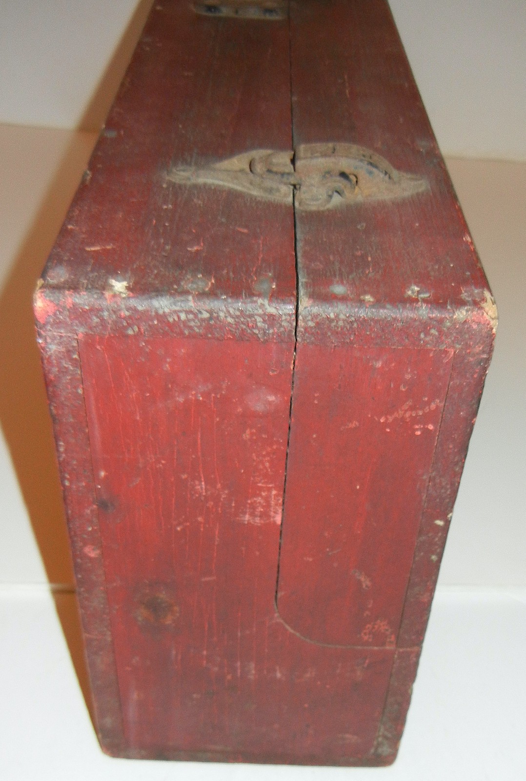 VINTAGE ANTIQUE ED LEE HEISLERVILLE NJ CARPENTER WOOD TOOL BOX OLD RED PAINT