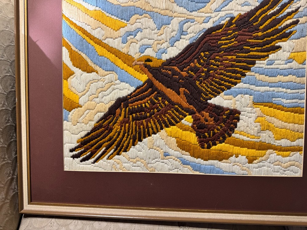 Large Vintage Needlepoint "An Eagle In Flight" - Framed
