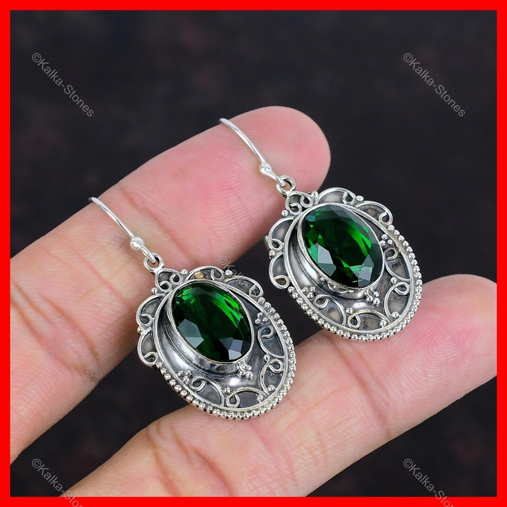 Oval Chrome Diopside Gemstone Sterling Silver Hook Dangle Drop Artisan Earrings