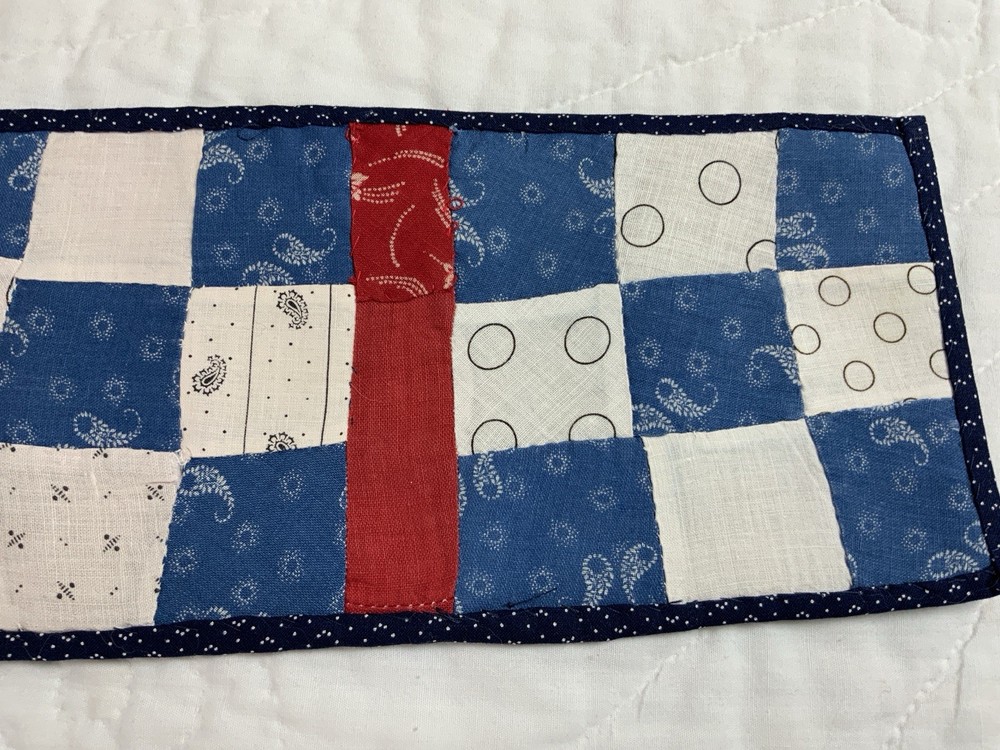 Antique Vintage Patchwork Quilt Table Topper, Nine Patch, Rectangle, Blue & Red