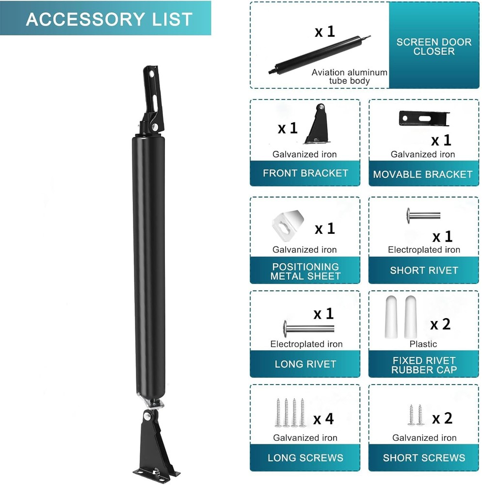 Screen Door Closer Kit - Pneumatic Closer Bracket, Adjustable Speed, Stable Syst