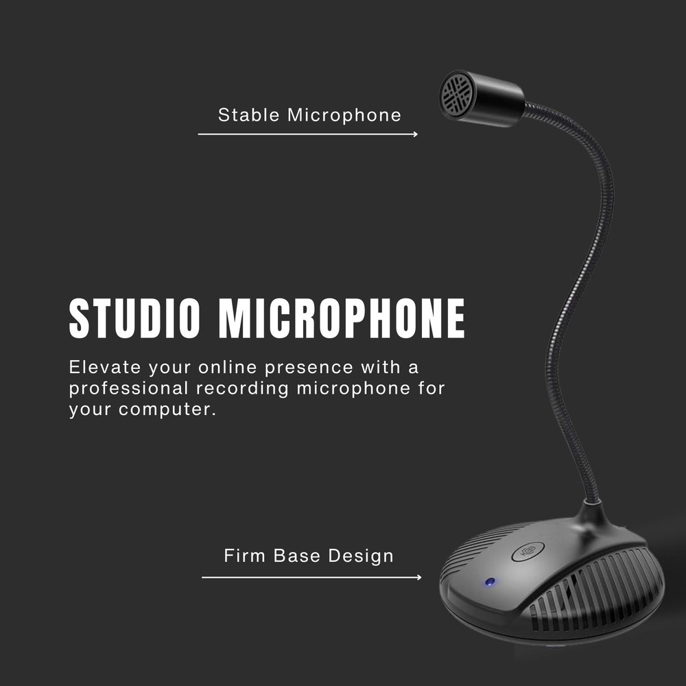 Gooseneck USB Microphone, PC, Plug Play, Mute Button, Omnidirectional, Gaming