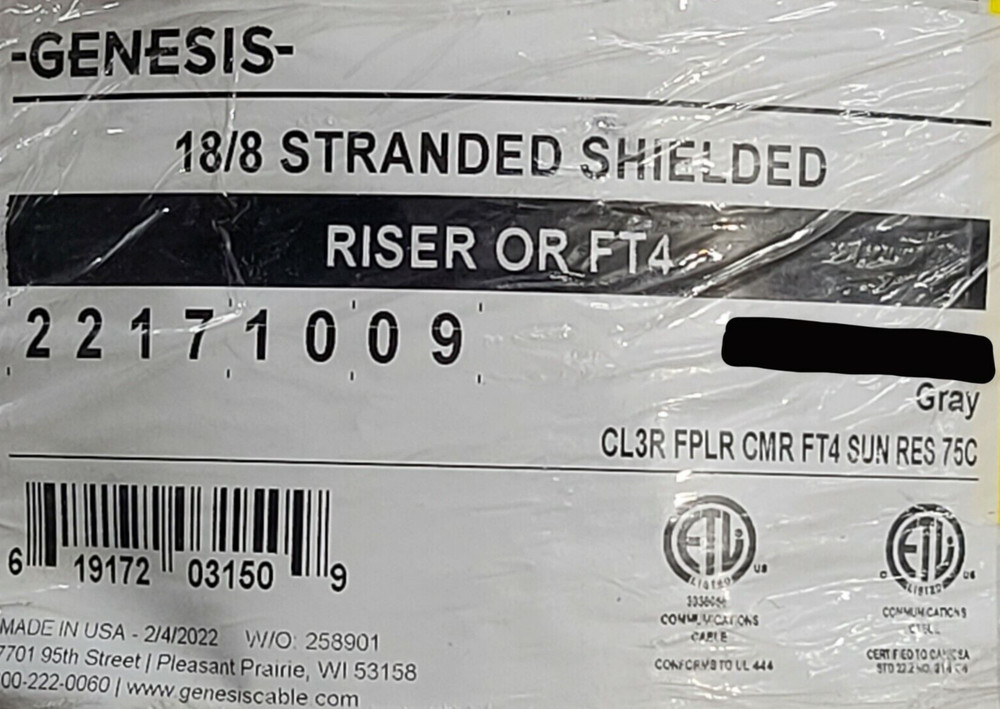 Honeywell Genesis 2217 18/8C Shielded Riser Security/Control Cable UV Gray /50ft
