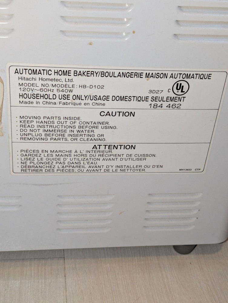 Hitachi Automatic Home Bakery Bread Maker Machine HB-D102 Tested Refurbished