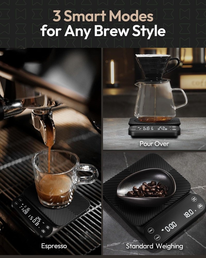S3 Coffee Scale with Timer, 3kg/0.1g Rechargeable Digital Scale, 3 Brew Modes