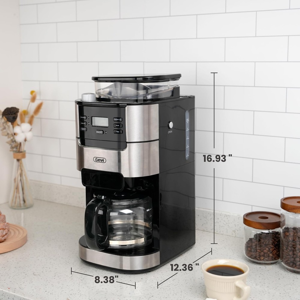 10-Cup Drip Coffee Maker with Built-in Grinder, Programmable Brew Coffee Machine