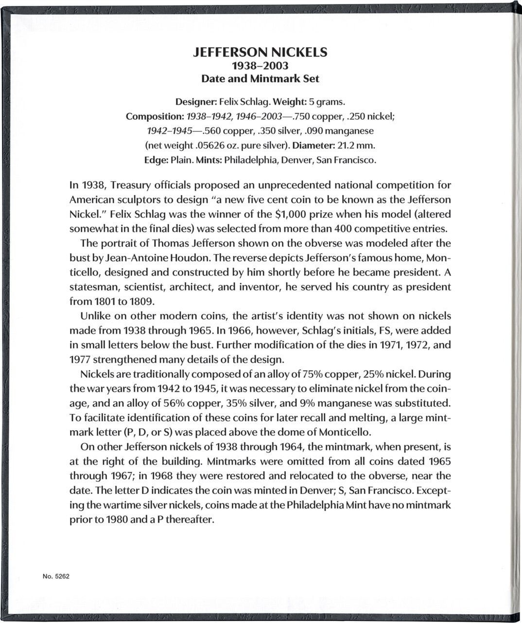 Jefferson Nickels: 1938-2003 Date & Mintmark Set-Whitman Prestige™ Album (Black)