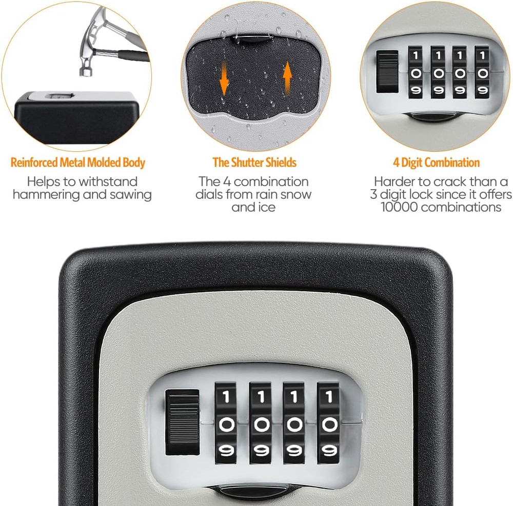 Key Lock Box Wall Mounted, 4 Digit Combination Lockbox for Outside, Ho