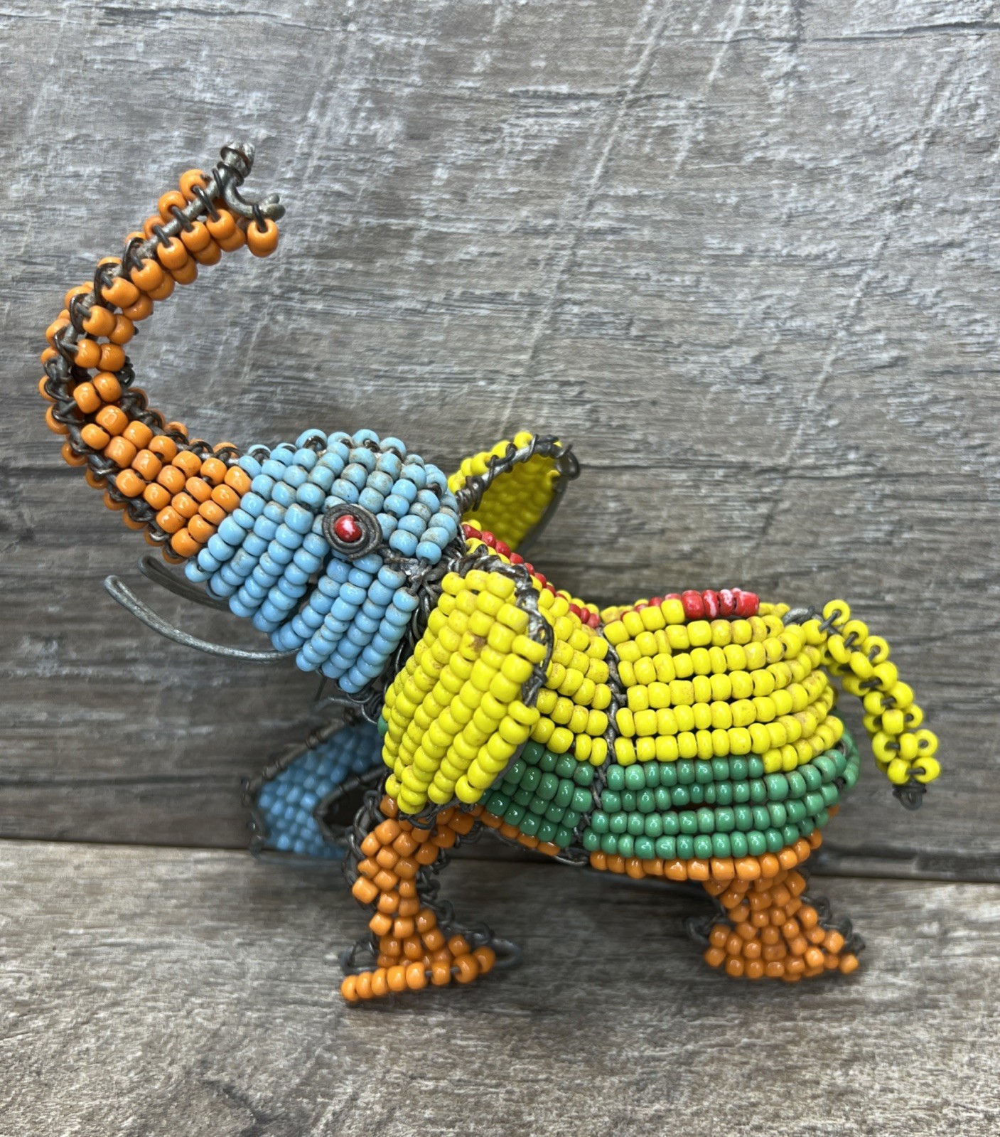 Handcrafted Elephant Beaded Wire Sculpture with Trunk Up for Good Luck Sculpture