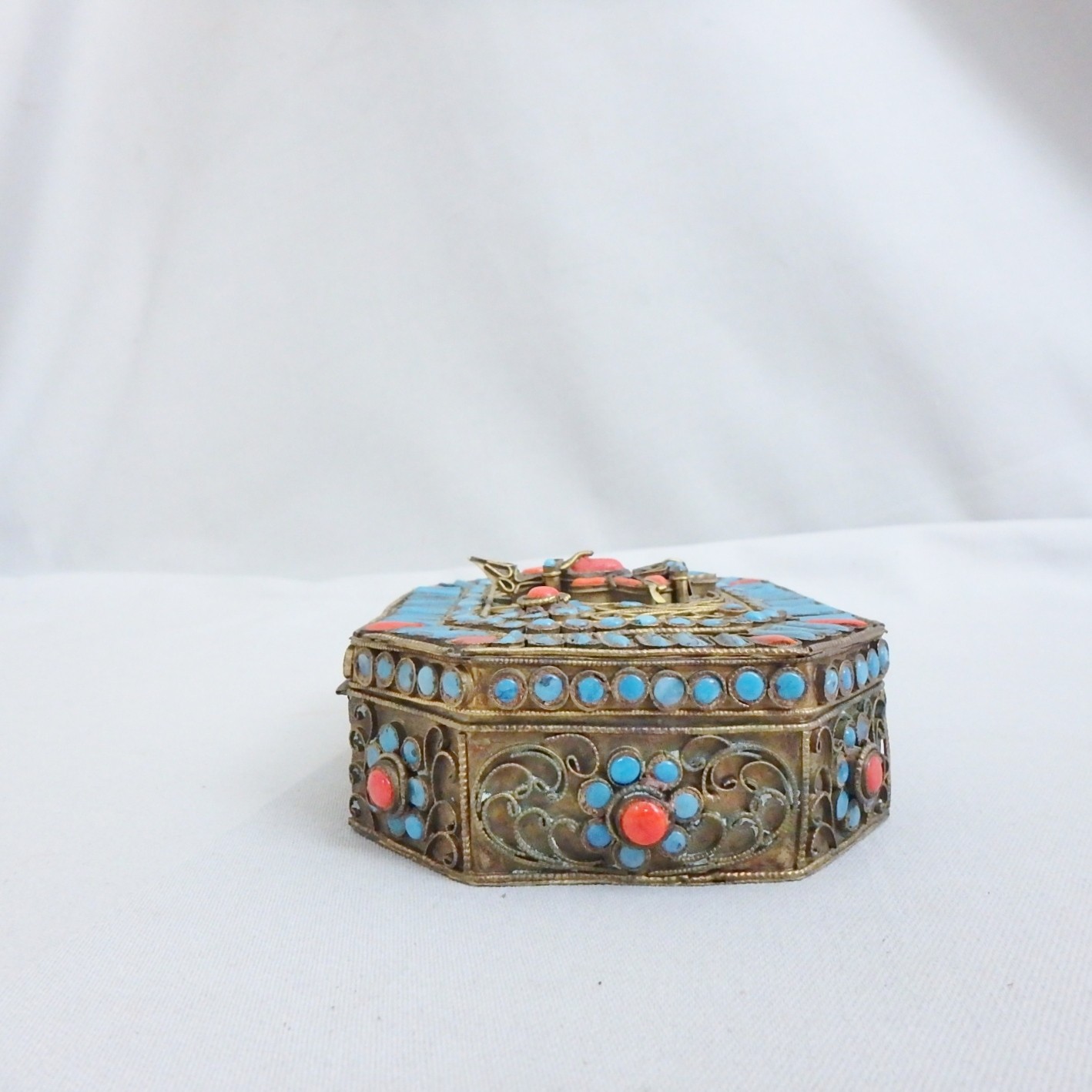 Antique Tibetan Gau, Prayer Box; Brass, Turquoise, Coral