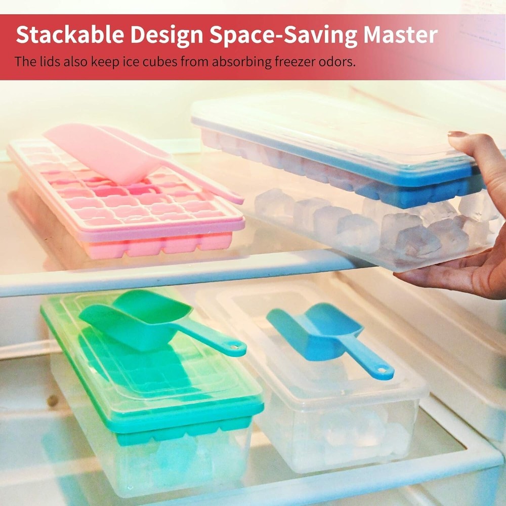 2 Pack Stackable Silicone Ice Cube Trays with Ice Bin & Scoop - Sanitary Storage