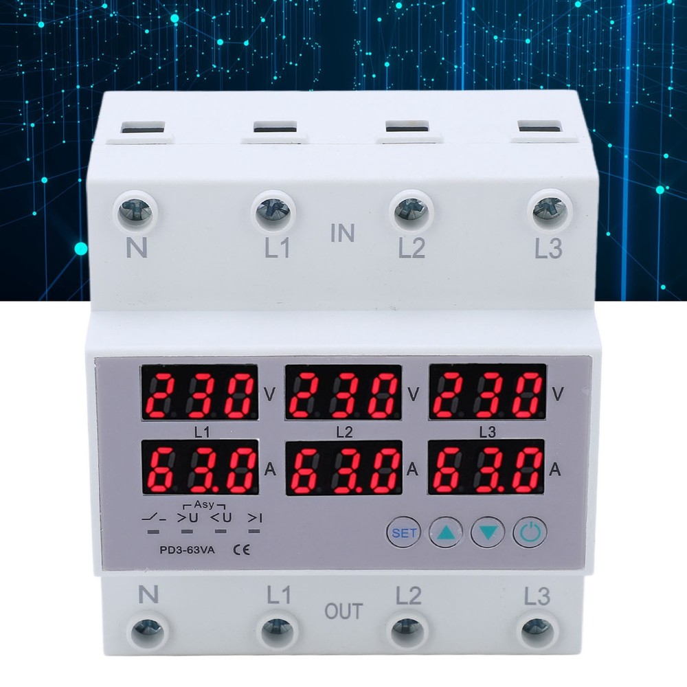 3 Phase DIN Rail Voltmeter Ammeter Auto Overvoltage Overcurrent Protector AC 63A