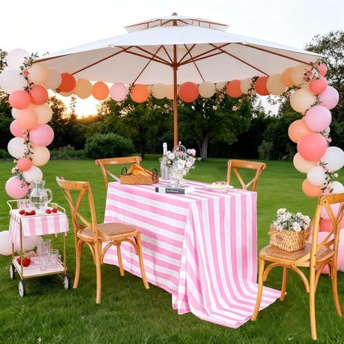 Striped Tablecloth 57 x 84 Inch 57" x 84" (Rectangular) Pink and White