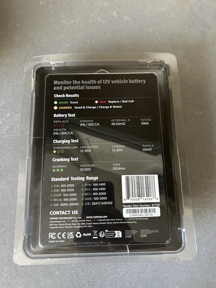 Topdon Battery Tester Bt100 12V Load Testing Tool Easy To Read