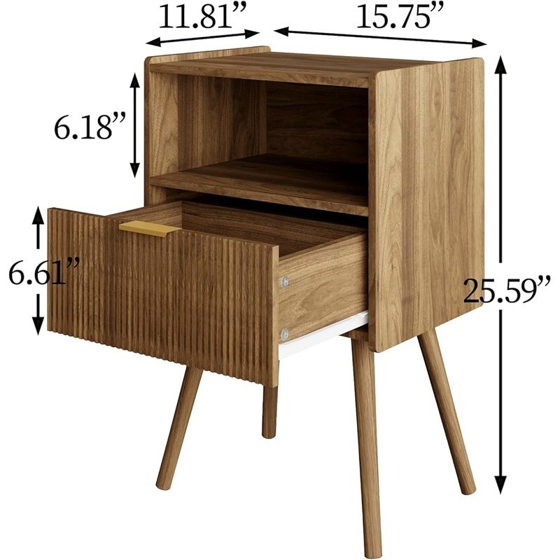 Modern Nightstand Small Side Table W/ Storage Drawer & Open Shelf Elegant Design