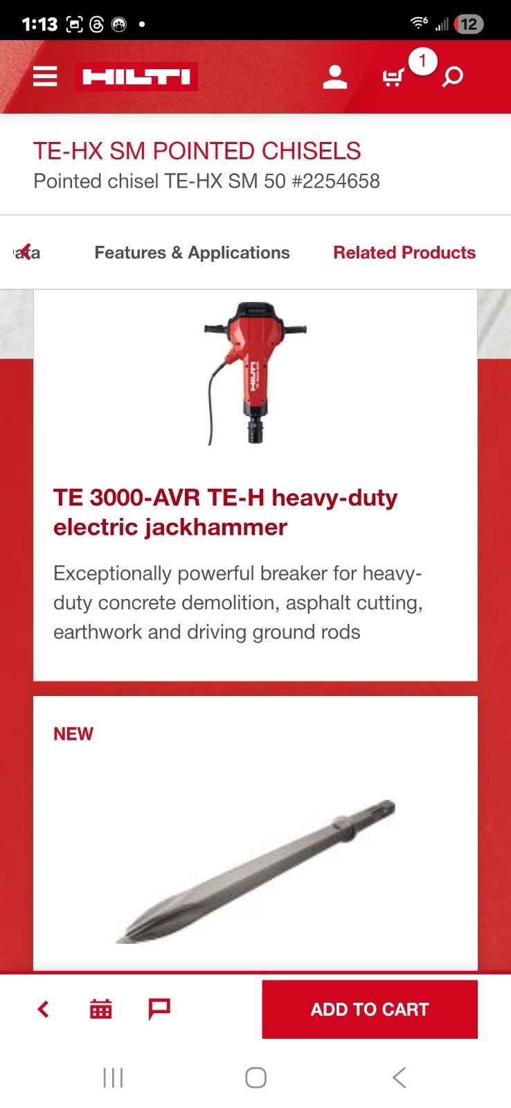 4pc Hilti TE-HX SM 40 Pointed Chisel Bit with 196.9 in TE 3000 Detachable P cord